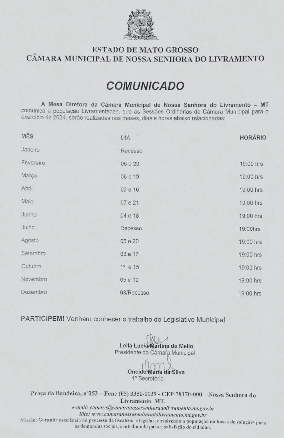 Agenda das Sessões Ordinárias 2024