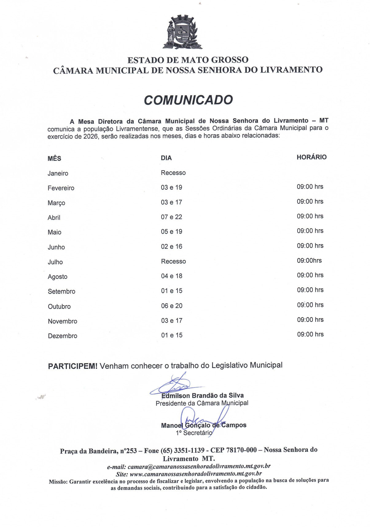Agenda das Sessões Ordinárias 2026