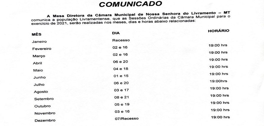 Agenda das Sessões Ordinárias 2021